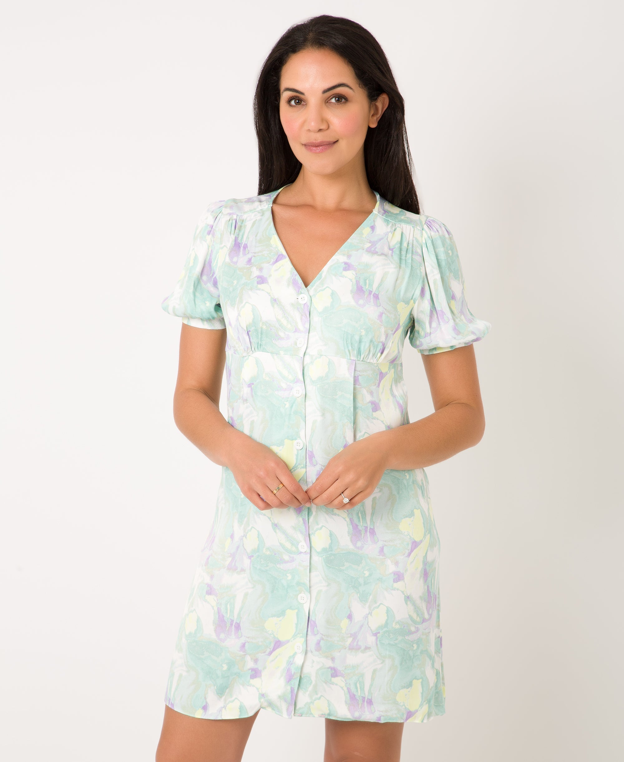 KRISP Printed V-Neck Button Through Mini Dress (11138)